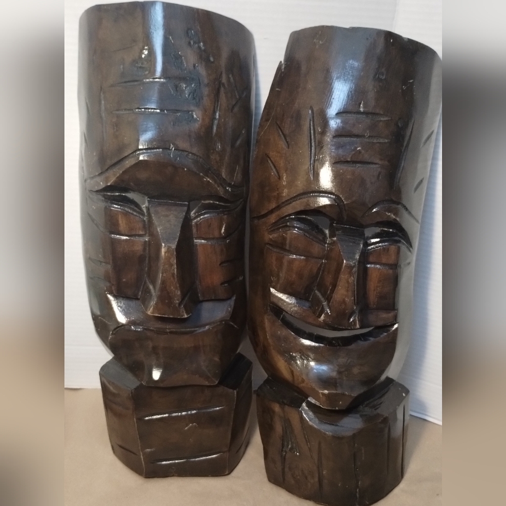 2 Vintage Carved Wooden Tiki Tribal Masks Wall Art Decor